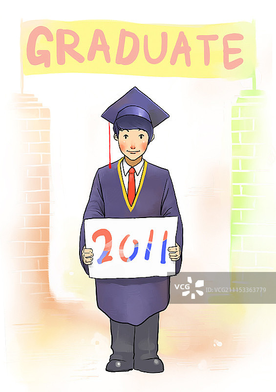 男孩身穿毕业礼袍和学士帽，手持banner图片素材