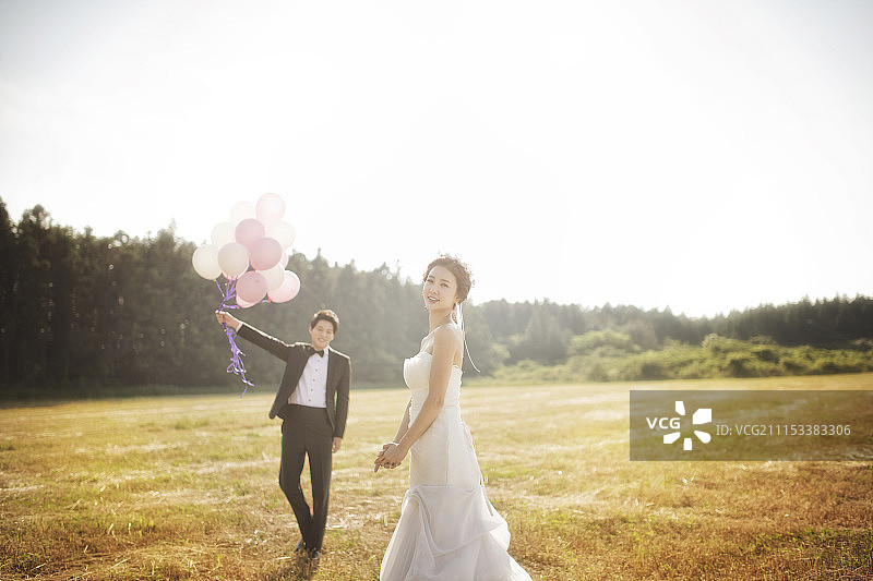 在田野里快乐的新娘和新郎图片素材