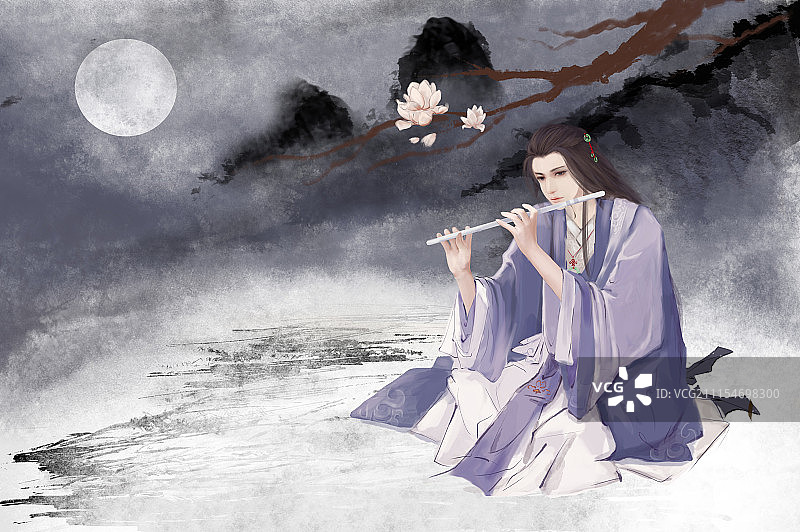 书生在月光下吹笛子图片素材