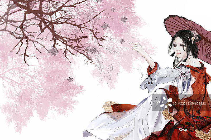 闺阁少女在庭院赏花图片素材