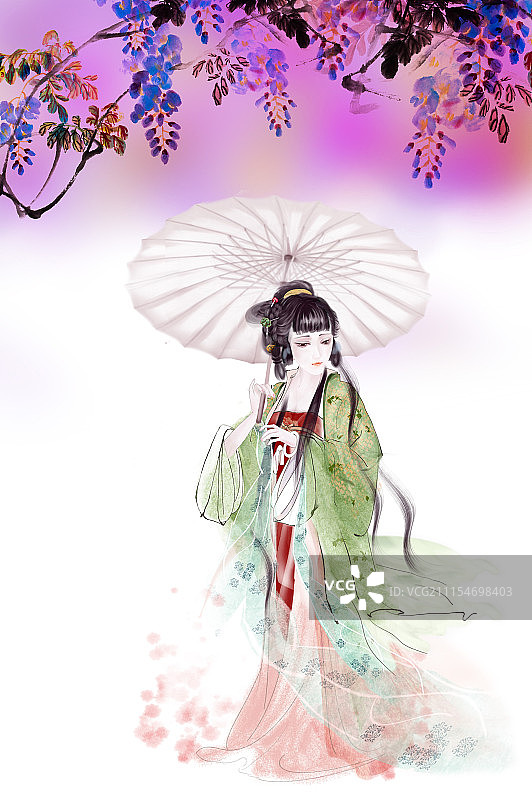 闺阁少女在庭院赏花图片素材