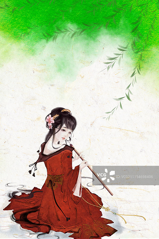 闺阁少女在柳树下拿着长笛图片素材