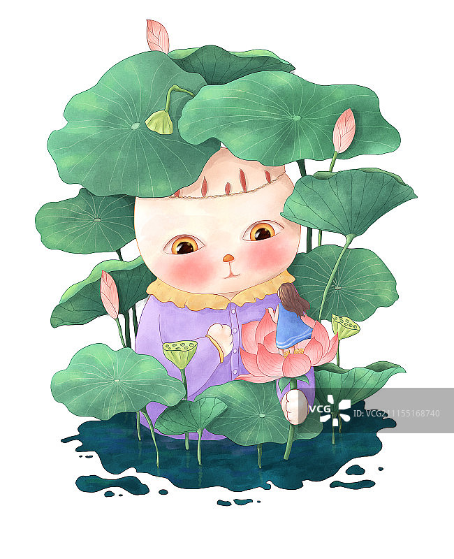 猫咪与小女孩之处暑-图片素材