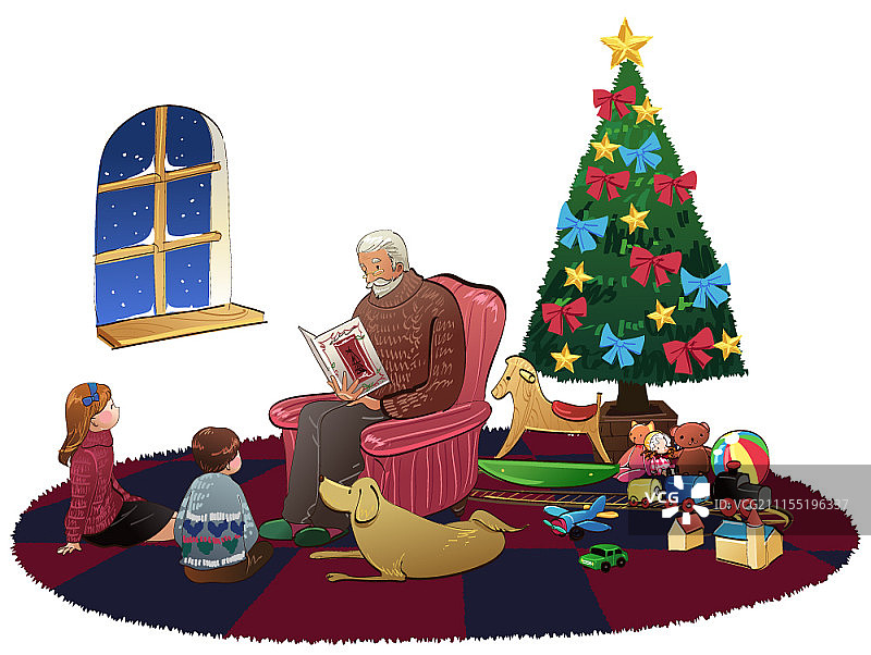 圣诞节，年长的男人给孩子们读书图片素材