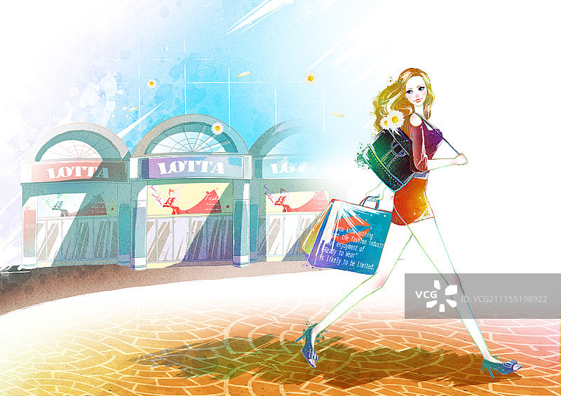 女人拎着购物袋走在街上图片素材