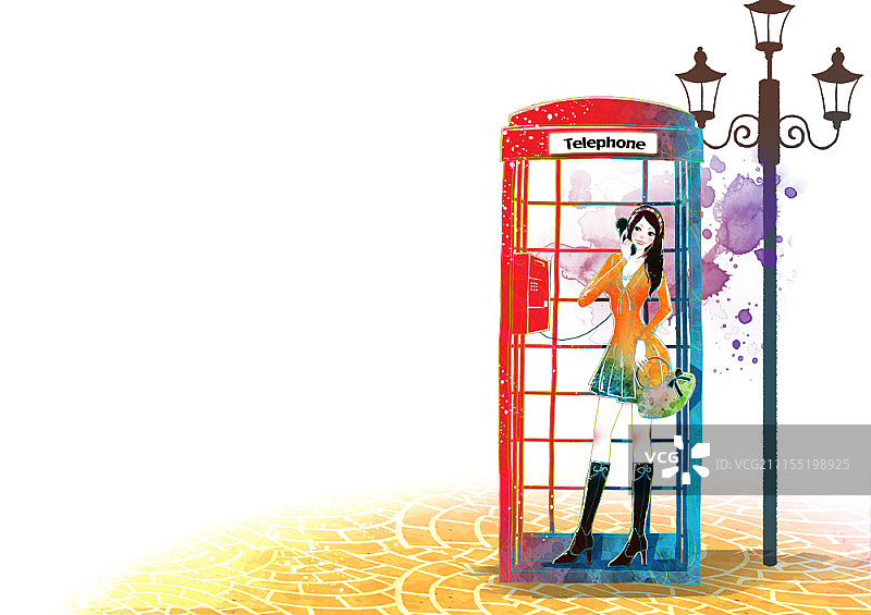 在电话亭里的年轻女子图片素材