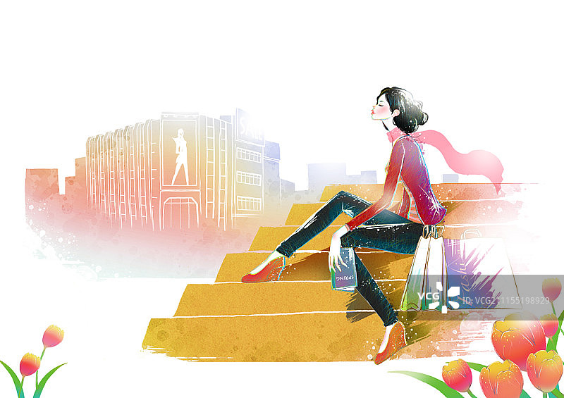 手提购物袋坐在楼梯上的女人图片素材