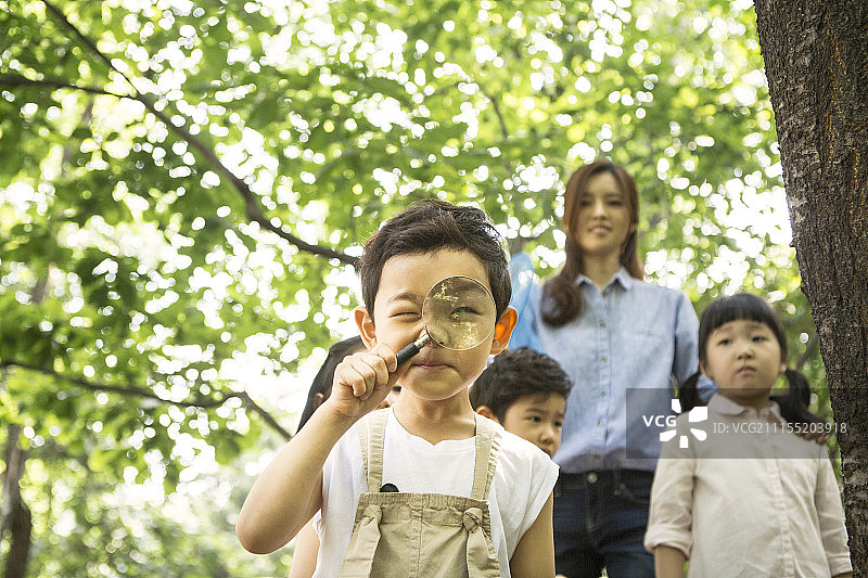 森林中郊游的学龄前儿童摄影图片素材
