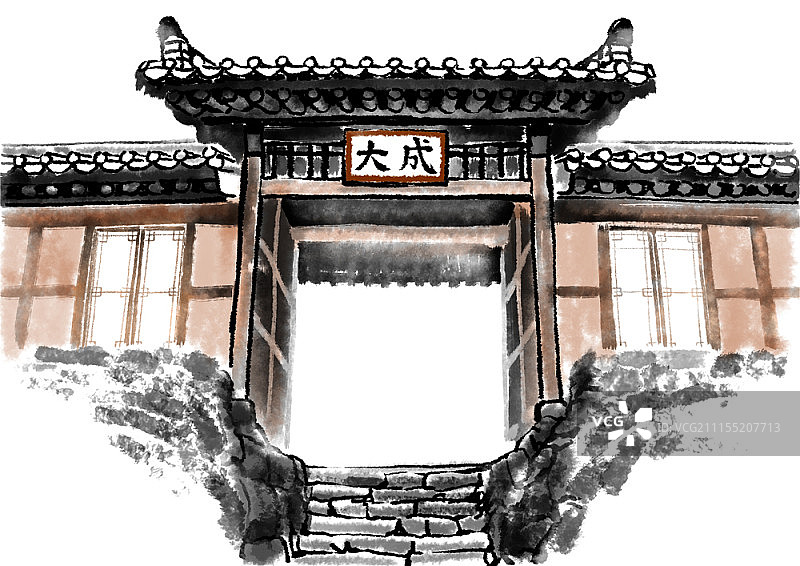 韩国传统建筑水墨画图片素材