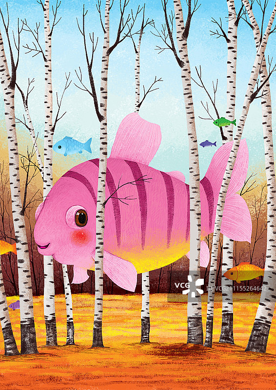动物插画系列作品共3000幅-树林里飞着的鱼图片素材