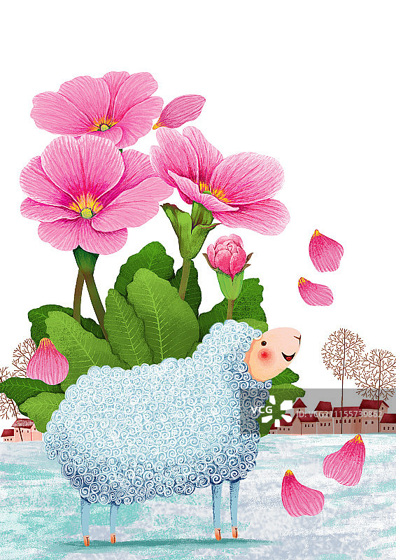 动物插画系列作品共3000幅-报春花和羊图片素材