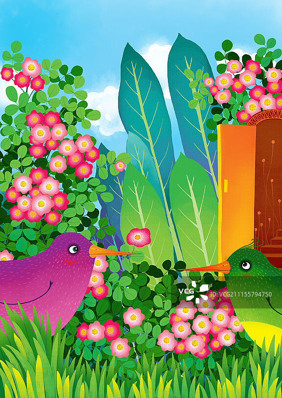 动物插画系列作品共3000幅-蔷薇花下的两只鸟图片素材