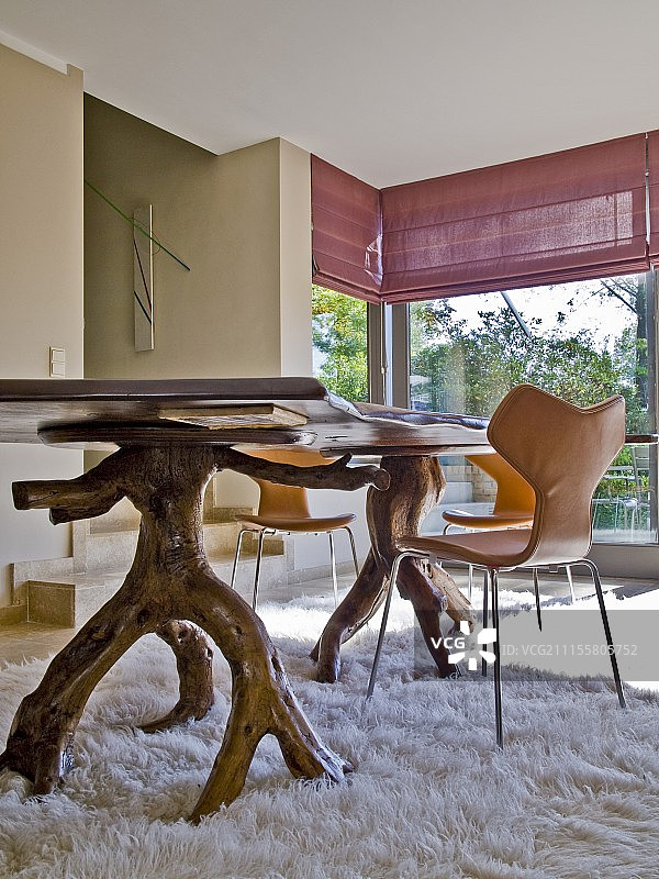 现代室内，餐桌腿由未完成的扭曲木材制成，置于flokati地毯上图片素材