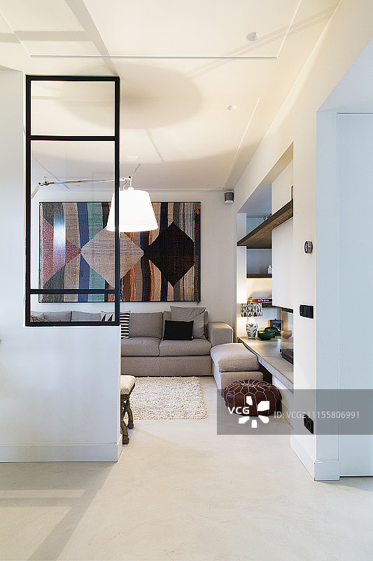 通往带玻璃墙板和壁挂的客厅的门图片素材