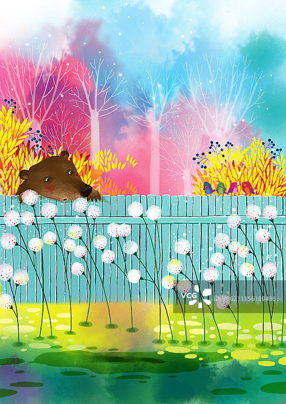 动物插画系列作品共3000幅-爬在围栏上的熊图片素材