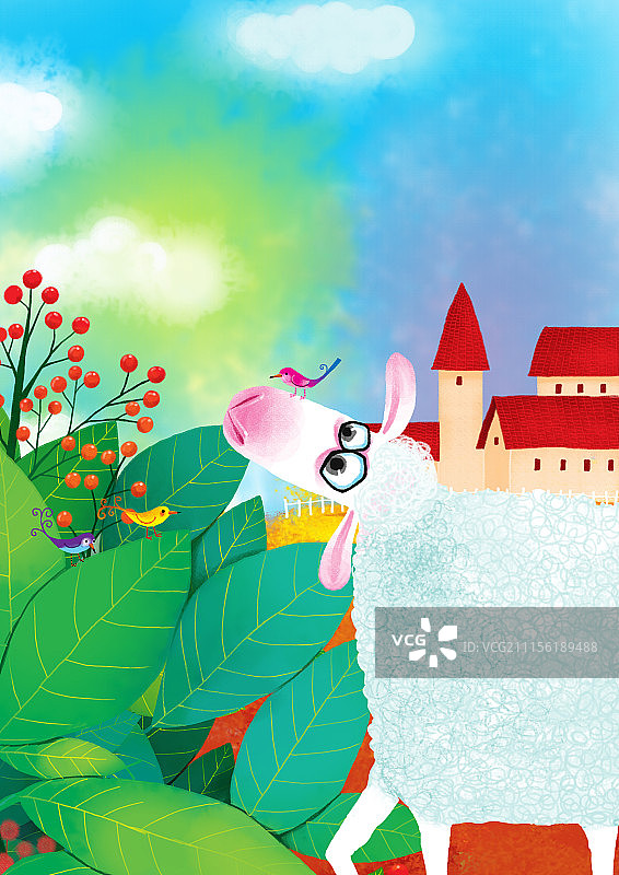 动物插画系列作品共3000幅-绵羊和鸟图片素材