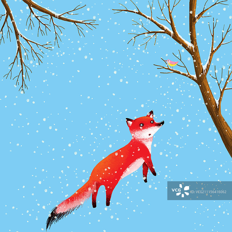 动物插画系列作品共3000幅-红狐雪中漫步图片素材