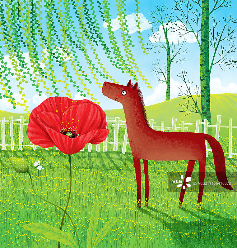 动物插画系列作品共3000幅-红马和红花图片素材