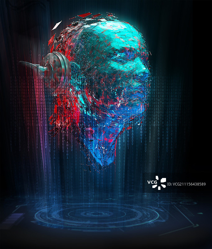 人工智能二进制代码构成带耳机的面孔图片素材