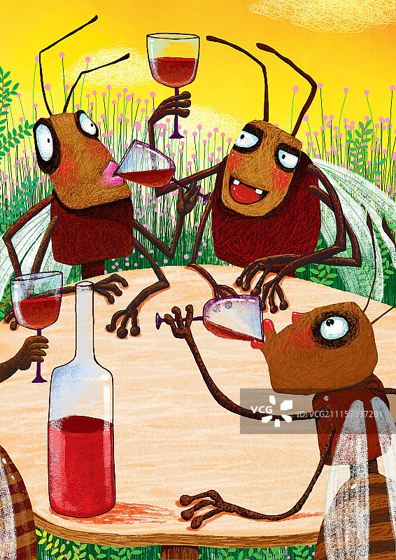 动物插画系列作品共3000幅-喝红酒的蚂蚁图片素材