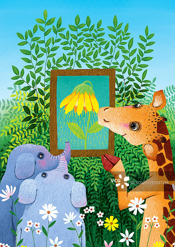 动物插画系列作品共3000幅-长颈鹿和两头象图片素材