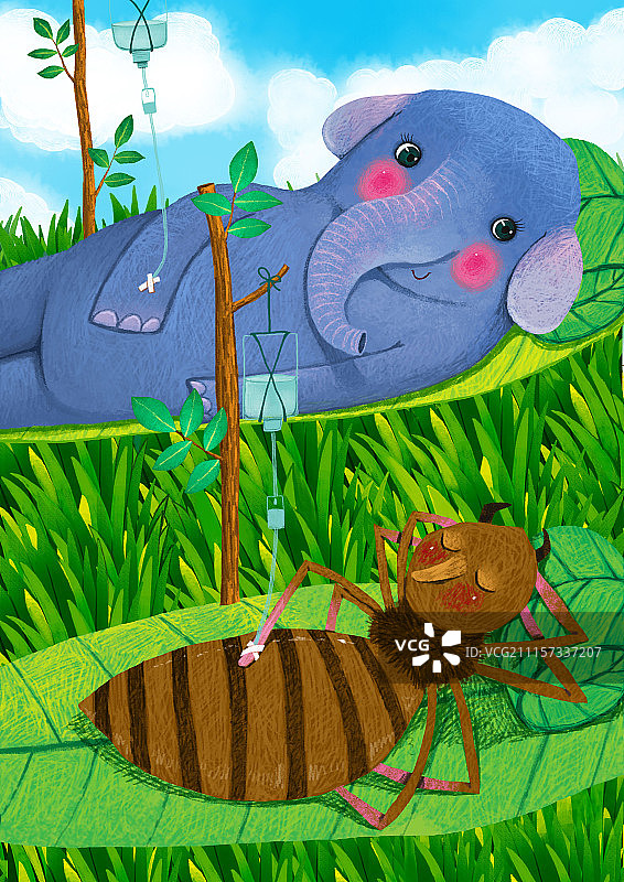 动物插画系列作品共3000幅-大象和蜘蛛输液图片素材