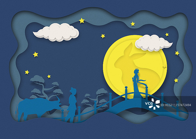 中秋七夕牛郎织女剪纸风插图图片素材