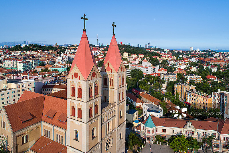 中国山东青岛 老城区天主教堂航拍图片素材