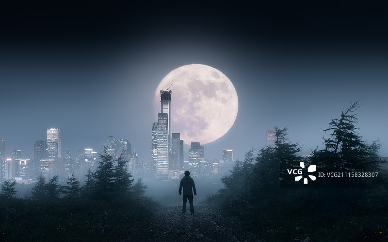 北京城市夜景与男人的背影图片素材