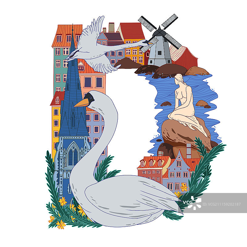 字母插画D丹麦图片素材