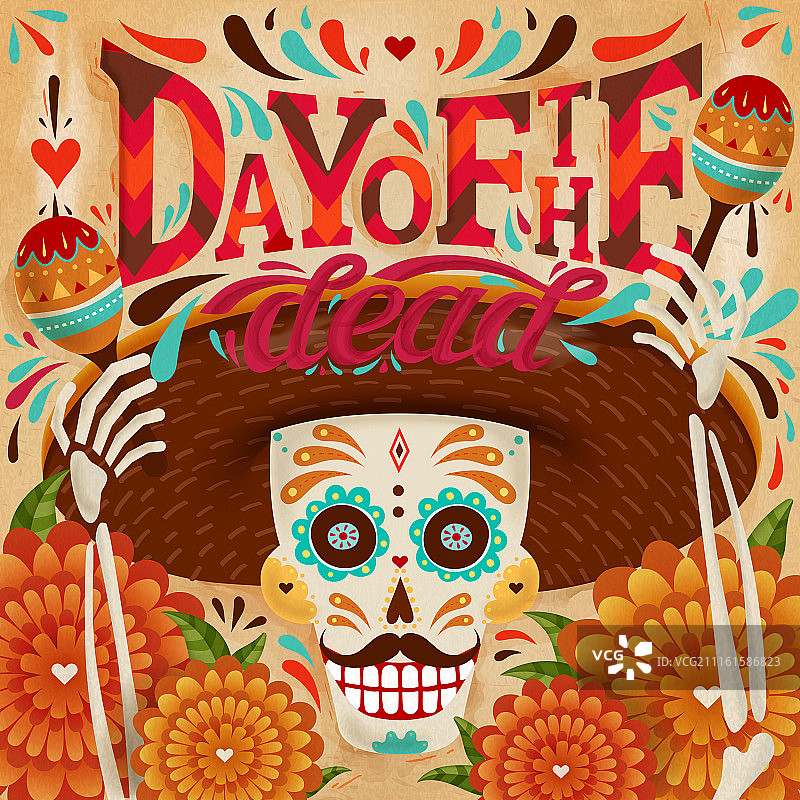 墨西哥亡灵节庆祝海报﹐微笑骷髅戴着墨西哥大草帽并演奏沙槌图片素材
