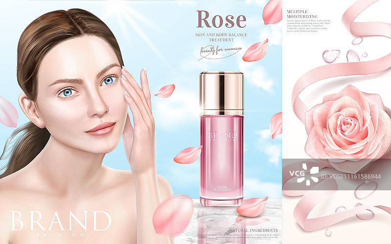 玫瑰保湿精华广告设计﹐气质模特与花瓣飘落特效图片素材