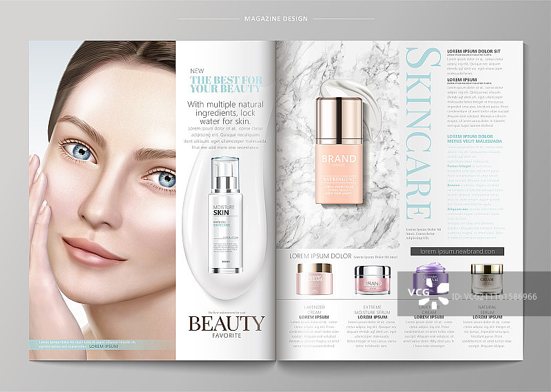 时尚杂志排版设计﹐美容护肤品样机置于大理石花纹上图片素材