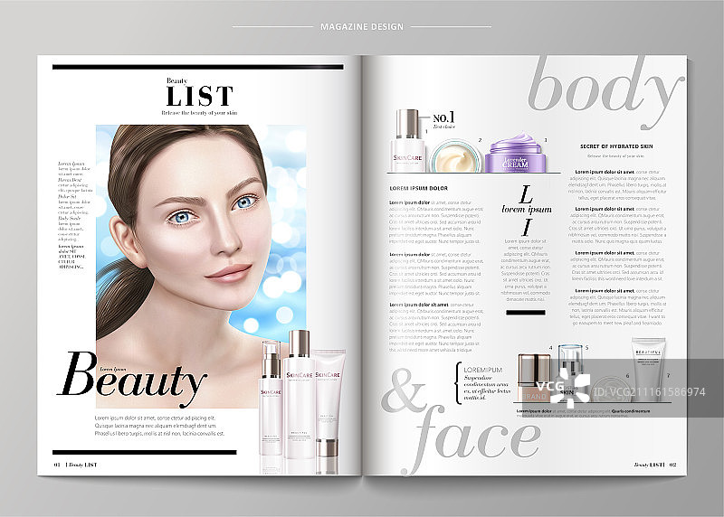 时尚杂志排版设计﹐美容护肤品样机与清爽模特肖像图片素材