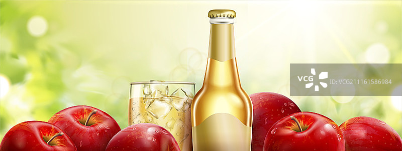 金黄色苹果酒设计搭配模糊光晕特效背景﹐新鲜苹果包围产品图片素材