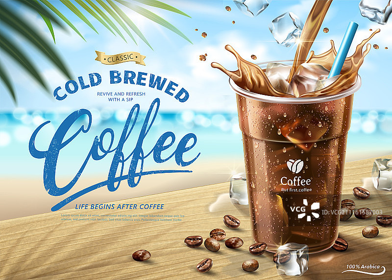 夏日海滩风情冷萃咖啡广告﹐咖啡倒入外带杯中激起水花及冰块图片素材