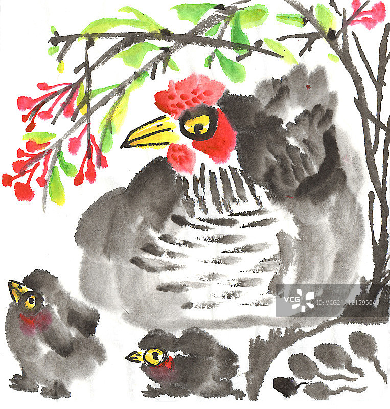 中国画水墨动物系列第一季共1000幅-母鸡带小鸡图片素材