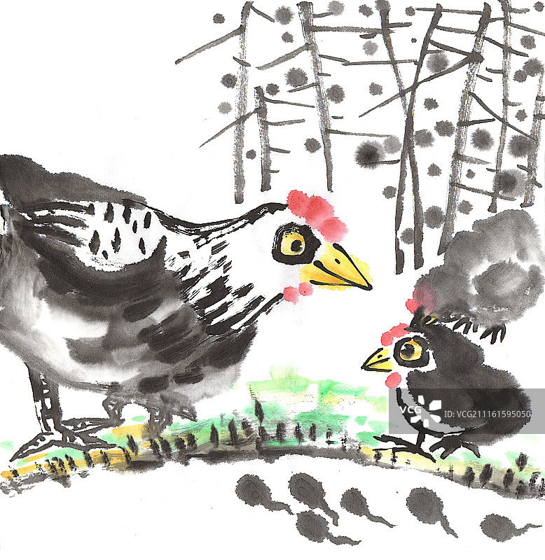 中国画水墨动物系列第一季共1000幅-亲母鸡带小鸡图片素材