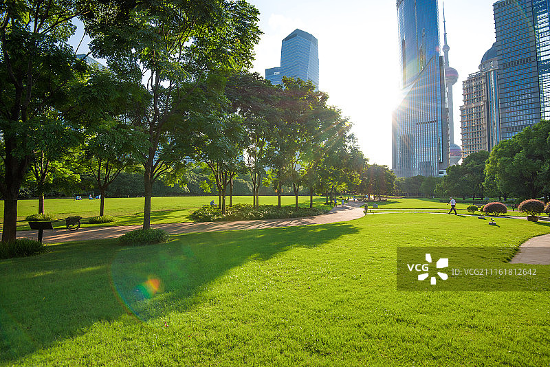 上海城市风光与绿色草坪图片素材