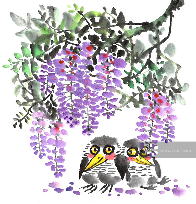 中国画水墨花卉系列第一季共1000幅-紫藤花下的鸟图片素材