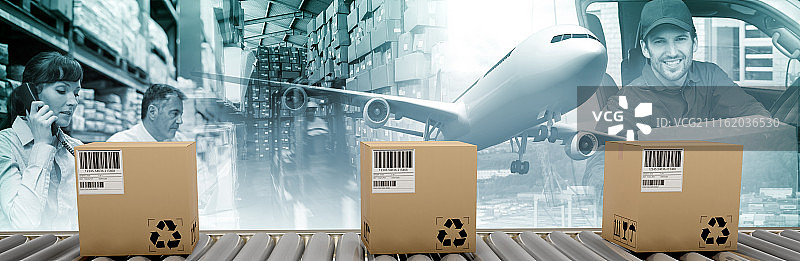 传送带上打包的快递员合成图像图片素材