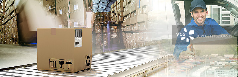 传送带上包装好的纸箱的合成图像图片素材