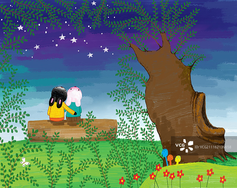 动物插画系列作品共3000幅-一起看星星图片素材