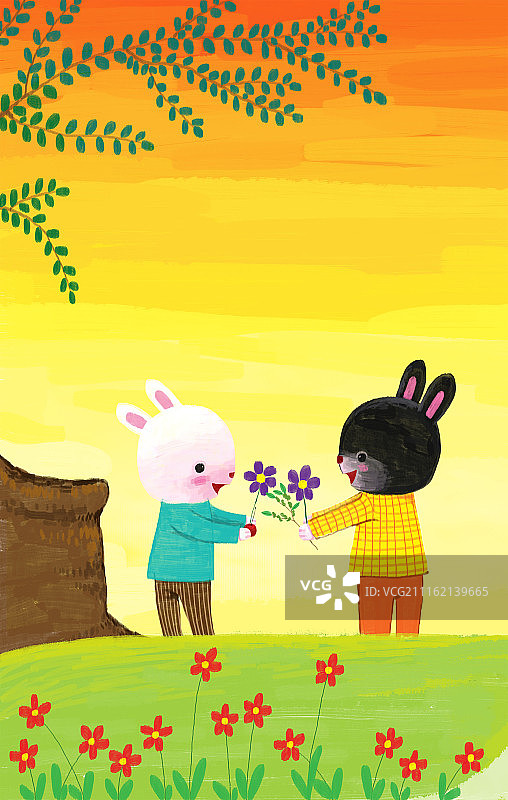 动物插画系列作品共3000幅-兔子献花图片素材