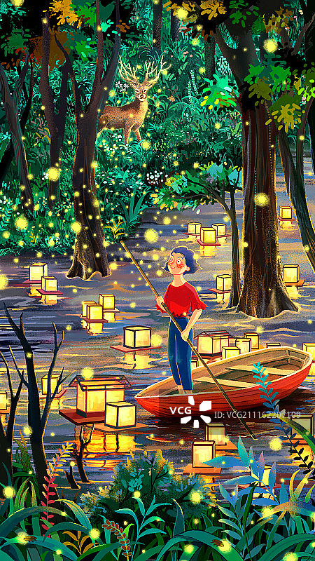 处暑萤火虫放河灯节气图无文案图片素材