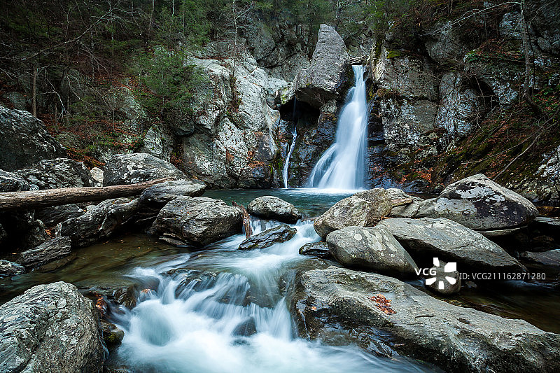 森林溪流上的瀑布图片素材