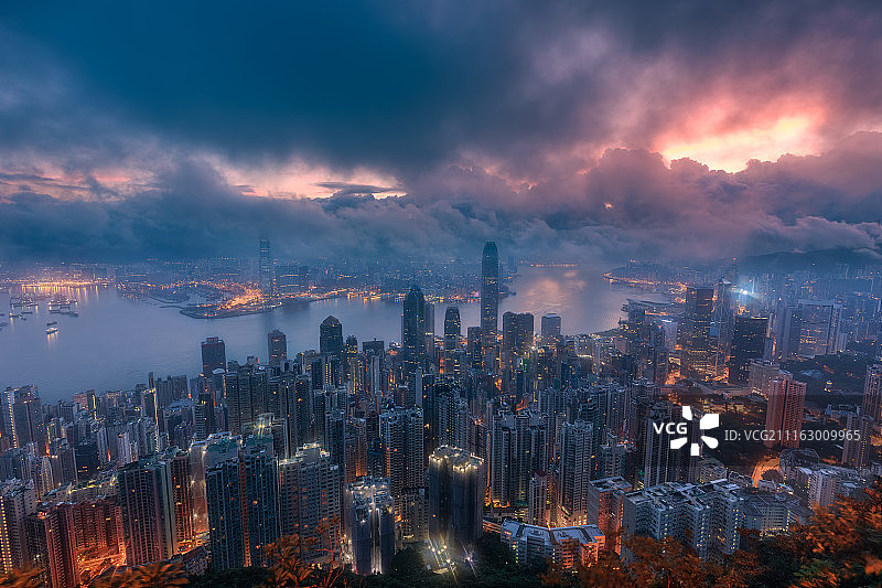 香港金融区黄昏航拍图片素材