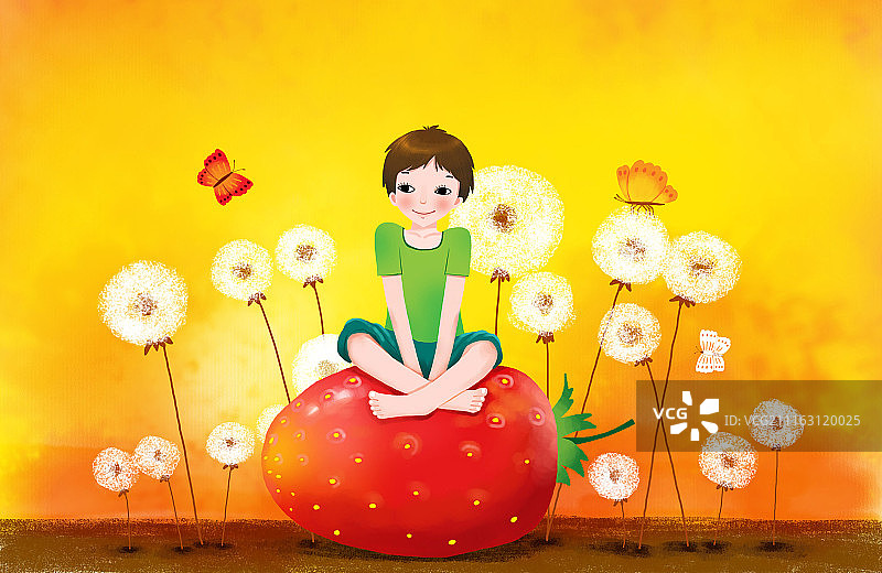 儿童人物插画组图3000幅-坐在草莓上的男孩图片素材
