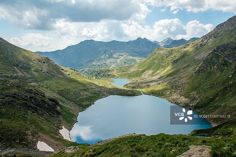 多云天空下高山山谷中的湖泊风光图片素材