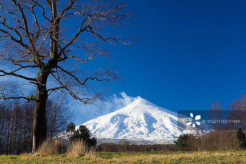 晴朗蓝天下白雪皑皑的火山图片素材
